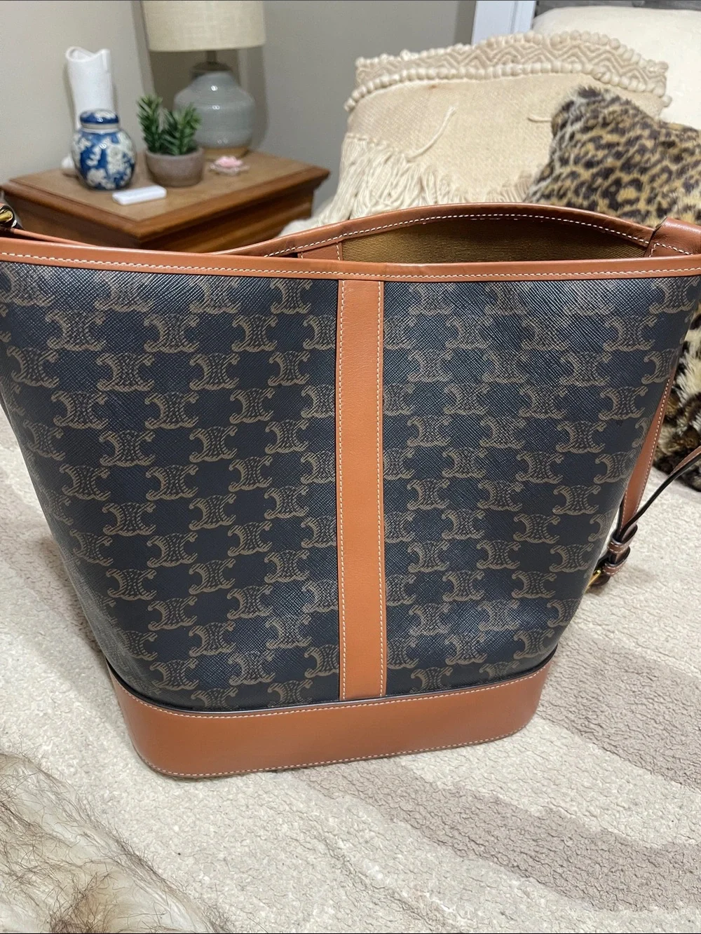Celine Brown Triomphe Canvas & Tan Leather Messenger Bag
